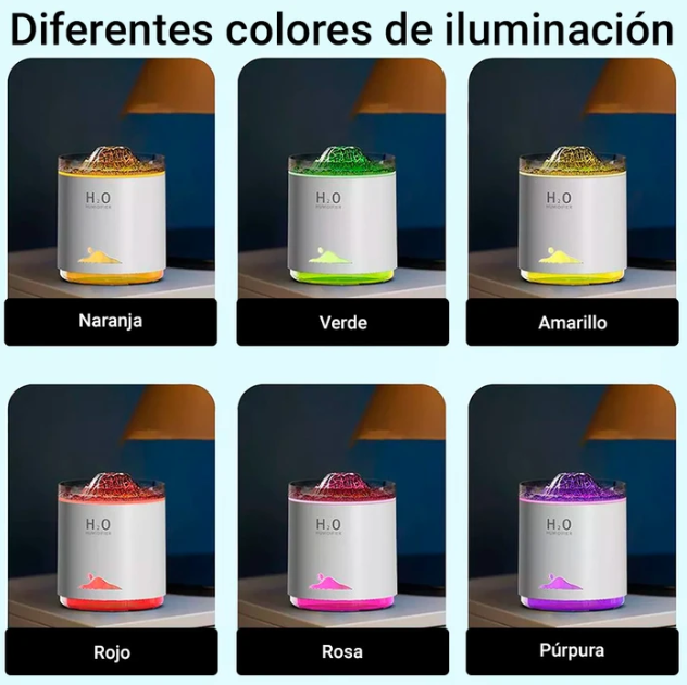 Humidificador Volcán, Difusor de Aromas Ultrasónico con Iluminación LED Configurable y Tanque de 470ml