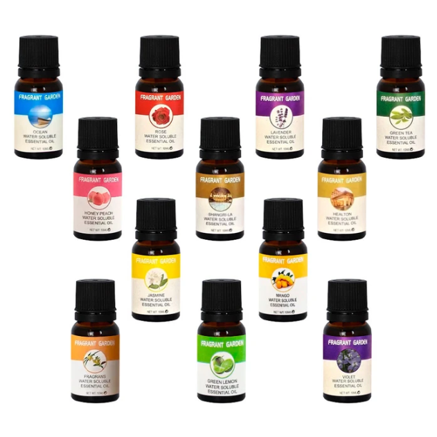Set de 12 Aceites Esencias Aromáticas 10ml c/u Solubles en Agua, Especiales para Humidificadores, Difusores de Aromas Ultrasónicos