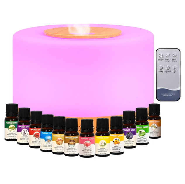 Set Aromatizante: Humidificador Difusor de Aromas Ultrasónico con Control Remoto, Luz LED Configurable y Tanque de 500ml + 12 Aceites Esenciales Solubles