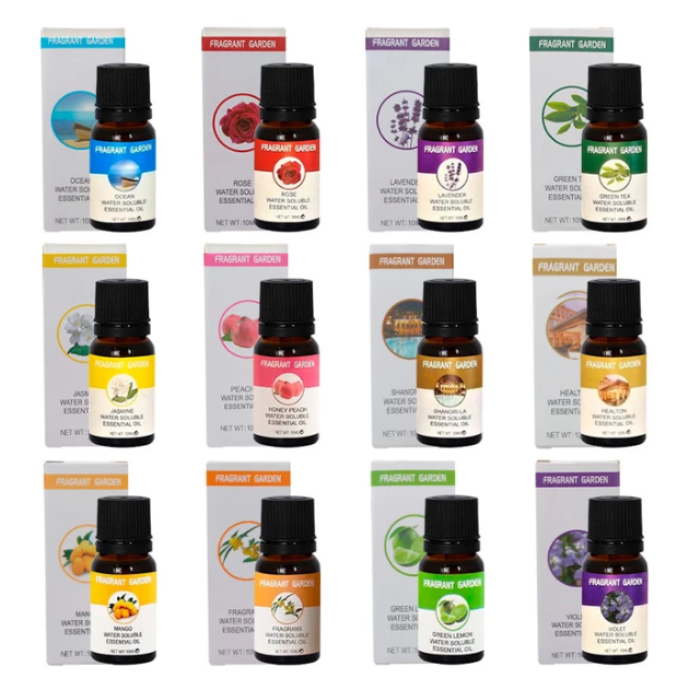 Set de 12 Aceites Esencias Aromáticas 10ml c/u Solubles en Agua, Especiales para Humidificadores, Difusores de Aromas Ultrasónicos